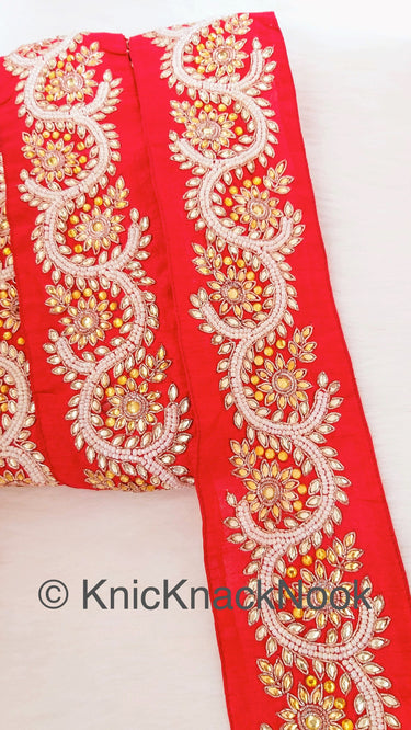 Red Silk Lace Trim With Floral Zardozi Hand Embroidery And White Beads & Indian Stones Kundan Embellishment, Approx. 80mm, Decorative Trim
